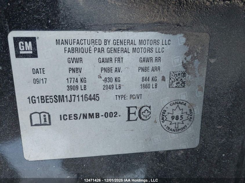 2018 Chevrolet Cruze VIN: 1G1BE5SM1J7116445 Lot: 12471426