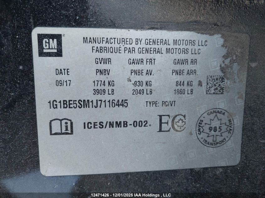 2018 Chevrolet Cruze VIN: 1G1BE5SM1J7116445 Lot: 12471426