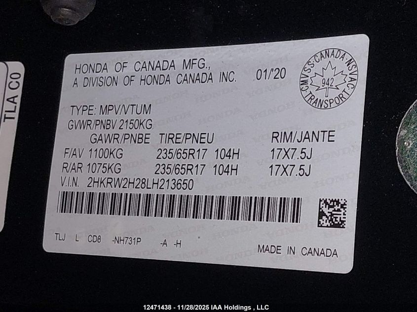 2020 Honda Cr-V Lx VIN: 2HKRW2H28LH213650 Lot: 12471438