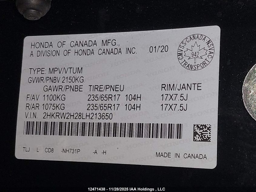 2020 Honda Cr-V Lx VIN: 2HKRW2H28LH213650 Lot: 12471438