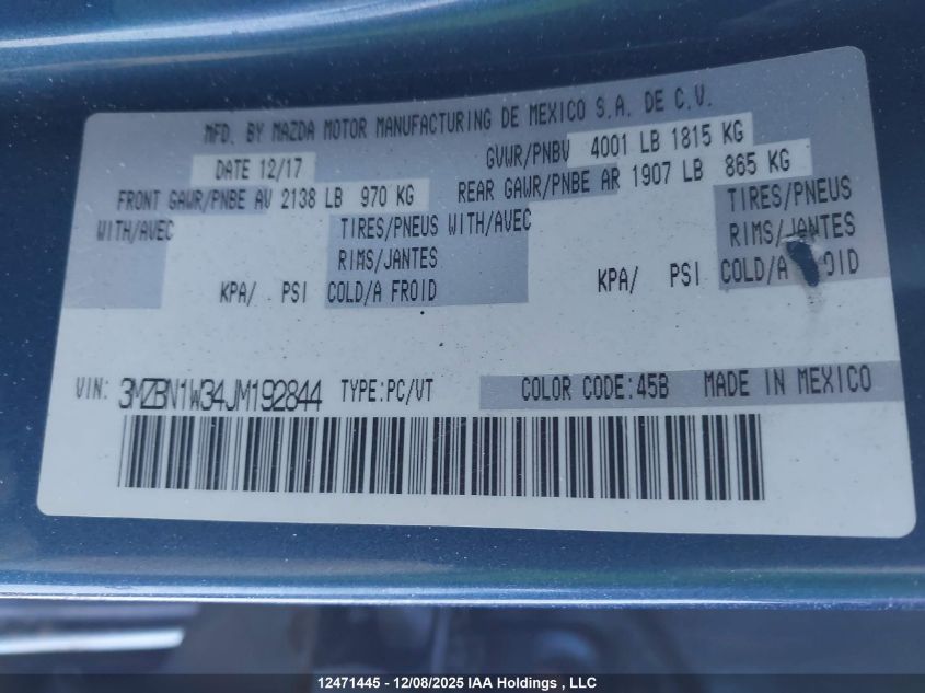 2018 Mazda Mazda3 Gt VIN: 3MZBN1W34JM192844 Lot: 12471445