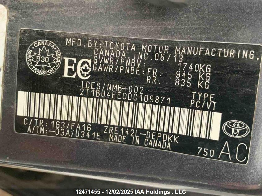 2013 Toyota Corolla Ce VIN: 2T1BU4EE0DC109871 Lot: 12471455