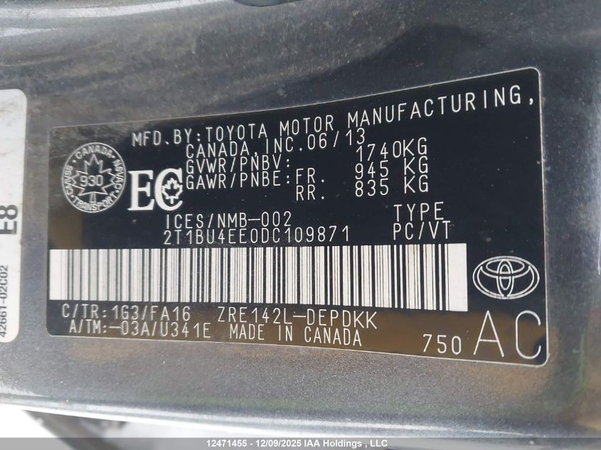 2013 Toyota Corolla Ce VIN: 2T1BU4EE0DC109871 Lot: 12471455