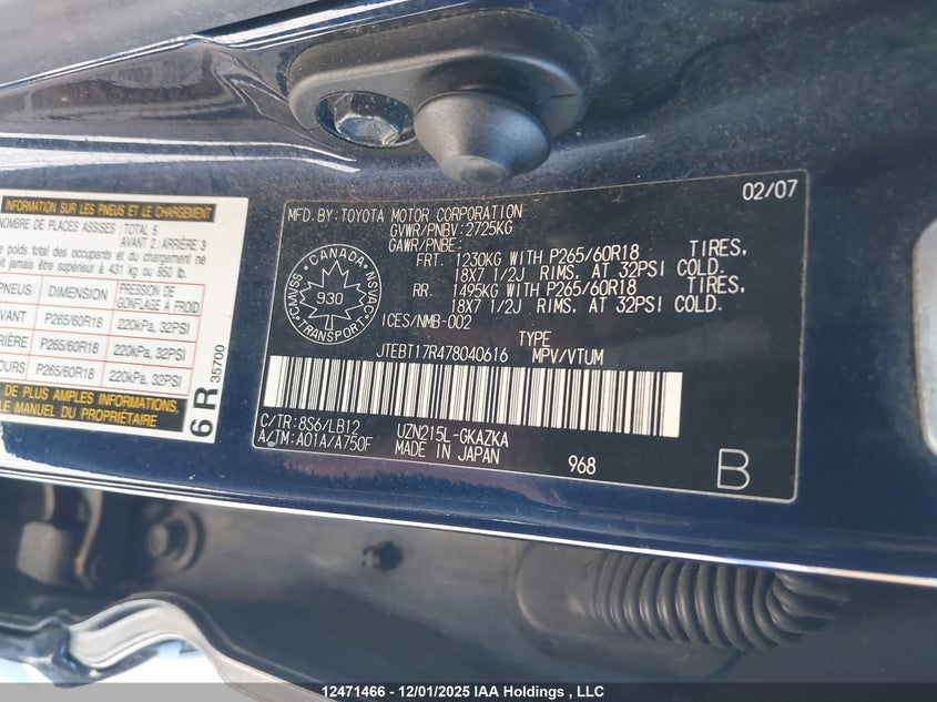 JTEBT17R478040616 2007 TOYOTA 4RUNNER photo no. 9