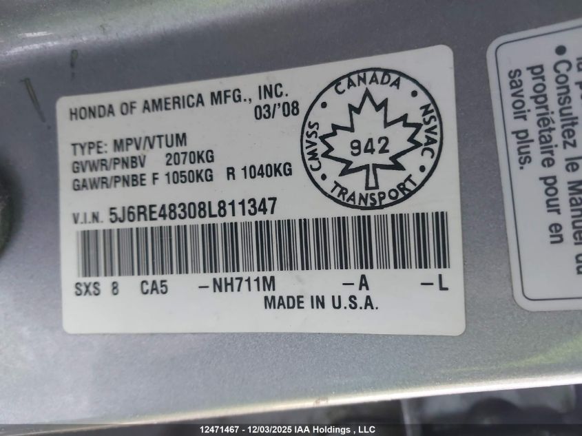 2008 Honda Cr-V VIN: 5J6RE48308L811347 Lot: 12471467