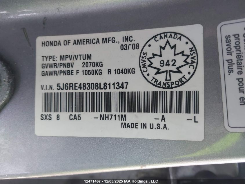 2008 Honda Cr-V VIN: 5J6RE48308L811347 Lot: 12471467