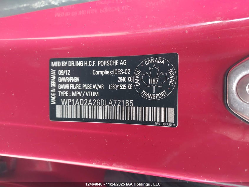 2013 Porsche Cayenne Gts VIN: WP1AD2A26DLA72165 Lot: 12464846X