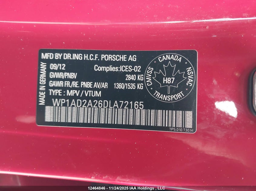 2013 Porsche Cayenne Gts VIN: WP1AD2A26DLA72165 Lot: 12464846X