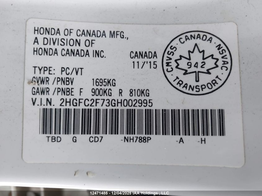 2016 Honda Civic Ex VIN: 2HGFC2F73GH002995 Lot: 12471485