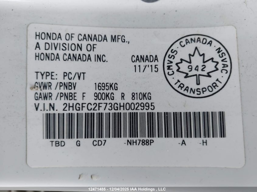 2016 Honda Civic Ex VIN: 2HGFC2F73GH002995 Lot: 12471485