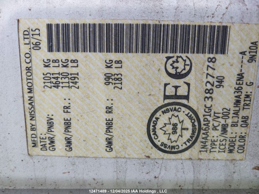 2016 Nissan Maxima 3.5S/Sv/Sl/Sr/Plat VIN: 1N4AA6AP1GC382778 Lot: 12471489