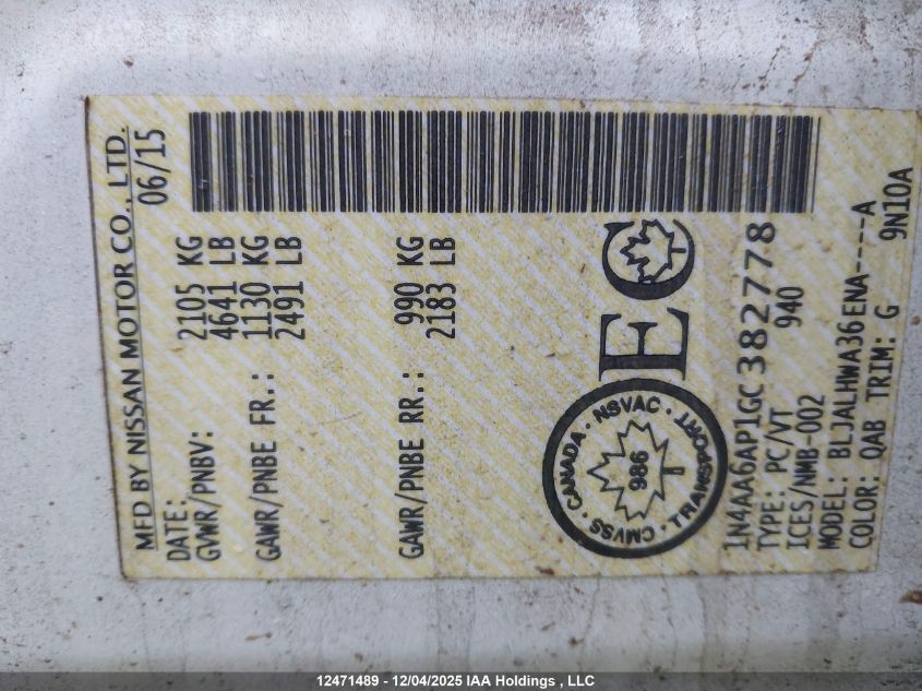 2016 Nissan Maxima 3.5S/Sv/Sl/Sr/Plat VIN: 1N4AA6AP1GC382778 Lot: 12471489