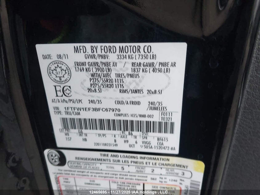 2011 Ford F-150 Lariat VIN: 1FTFW1EF3BFC67970 Lot: 12465695X