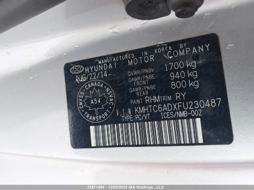 2015 Hyundai Veloster VIN: KMHTC6ADXFU230487 Lot: 12471494