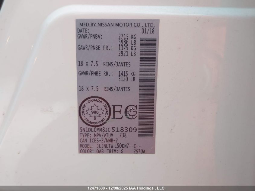 2018 Infiniti Qx60 VIN: 5N1DL0MM8JC518309 Lot: 12471500