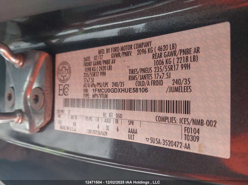 1FMCU0GDXHUE58106 2017 FORD ESCAPE photo no. 9