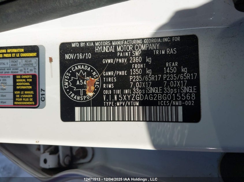 5XYZGDAG2BG015568 2011 HYUNDAI SANTA FE photo no. 18