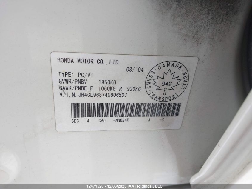 2004 Acura Tsx VIN: JH4CL96874C806507 Lot: 12471528