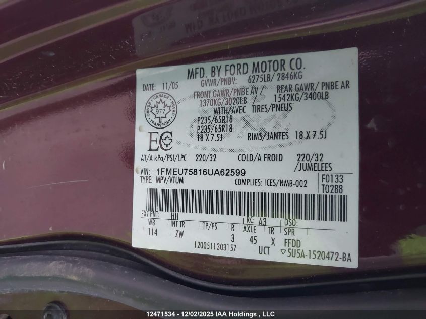 2006 Ford Explorer Limited VIN: 1FMEU75816UA62599 Lot: 12471534