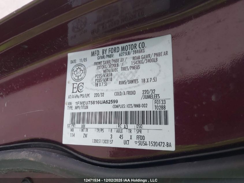 2006 Ford Explorer Limited VIN: 1FMEU75816UA62599 Lot: 12471534