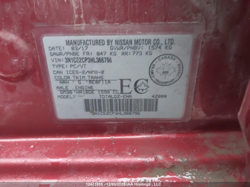 3N1CE2CP3HL366796 2017 NISSAN VERSA photo no. 9