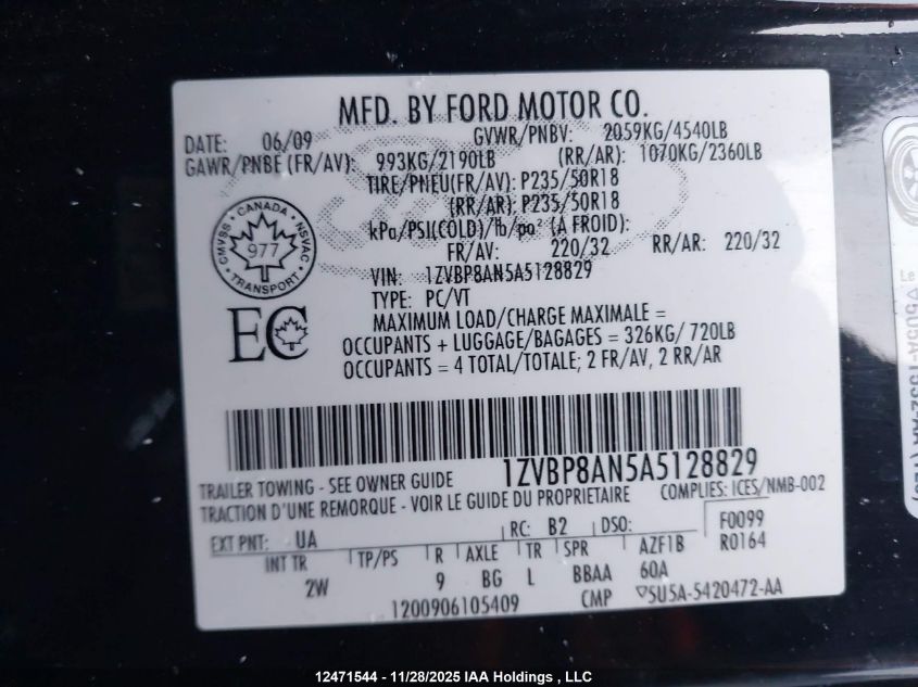 2010 Ford Mustang V6/Value Leader VIN: 1ZVBP8AN5A5128829 Lot: 12471544