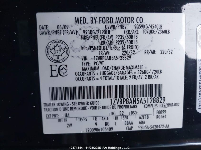 2010 Ford Mustang V6/Value Leader VIN: 1ZVBP8AN5A5128829 Lot: 12471544