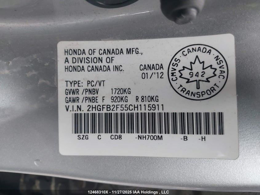 2012 Honda Civic Ex VIN: 2HGFB2F55CH115911 Lot: 12468310X