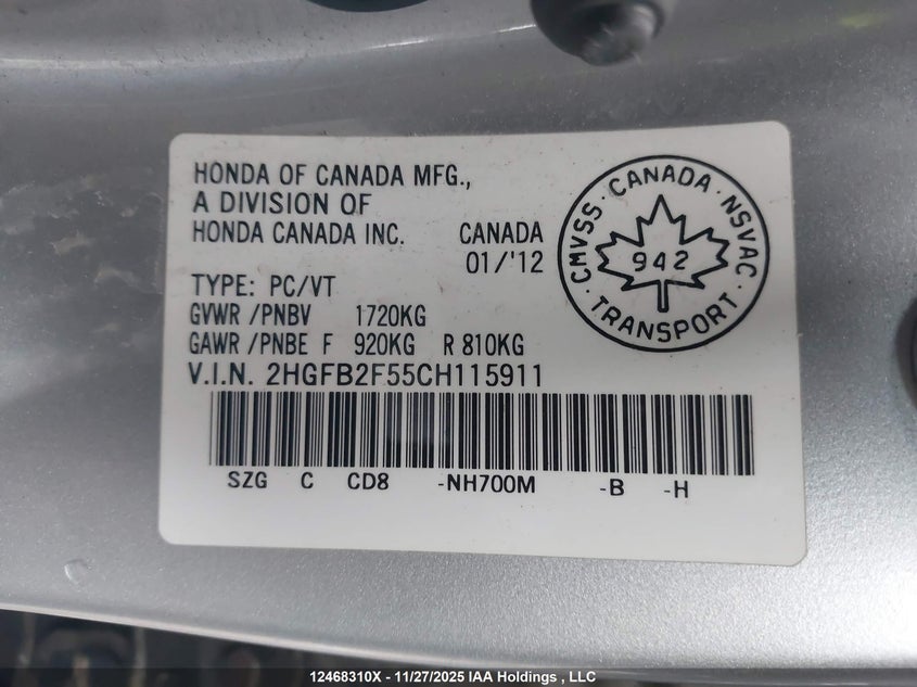 2012 Honda Civic Ex VIN: 2HGFB2F55CH115911 Lot: 12468310X