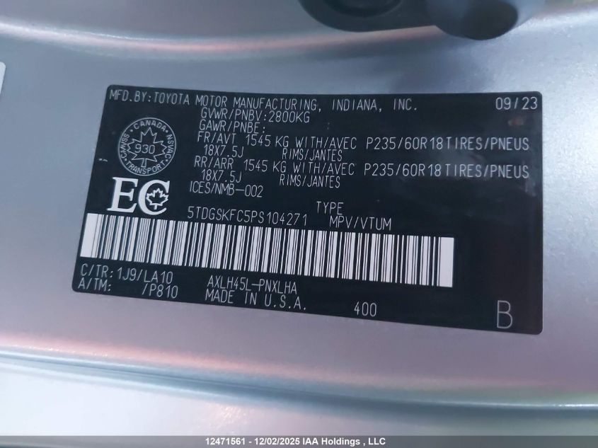 2023 Toyota Sienna VIN: 5TDGSKFC5PS104271 Lot: 12471561