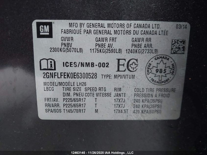 2014 Chevrolet Equinox 1Lt VIN: 2GNFLFEK0E6300528 Lot: 12463145X