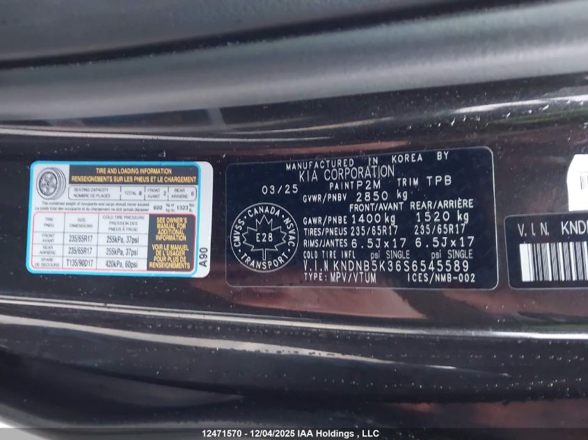 2025 Kia Carnival Lx/Lxs VIN: KNDNB5K36S6545589 Lot: 12471570