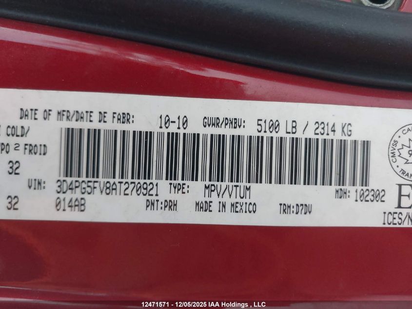 2010 Dodge Journey Sxt VIN: 3D4PG5FV8AT270921 Lot: 12471571