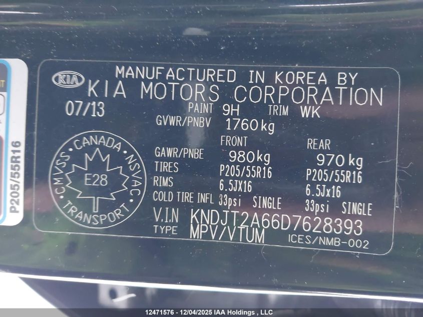 2013 Kia Soul 2.0L 2U/2.0L 4U/2.0L 4U Burner/2.0L 4U Luxury/2.0L 4U Retro VIN: KNDJT2A66D7628393 Lot: 12471576