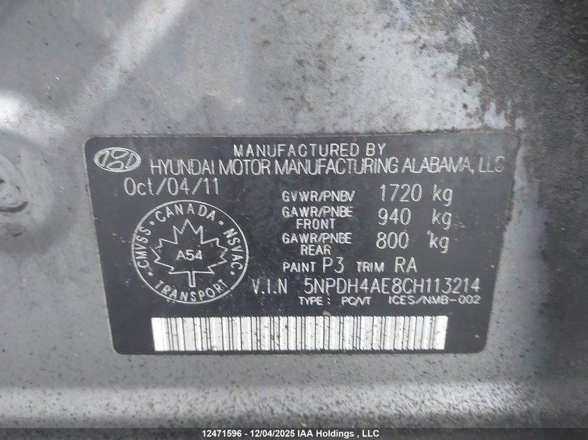 2012 Hyundai Elantra Gls/Limited VIN: 5NPDH4AE8CH113214 Lot: 12471596