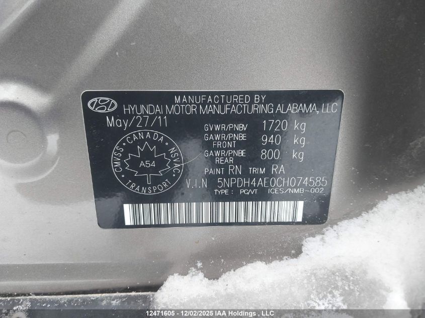 2012 Hyundai Elantra Gls/Limited VIN: 5NPDH4AE0CH074585 Lot: 12471605