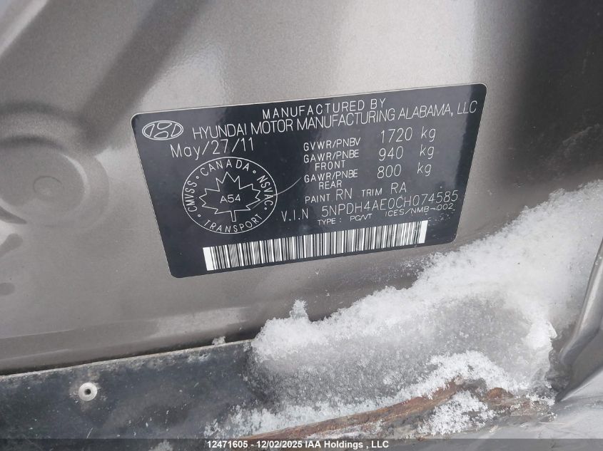 2012 Hyundai Elantra Gls/Limited VIN: 5NPDH4AE0CH074585 Lot: 12471605