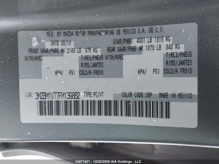 2015 Mazda Mazda3 Gs VIN: 3MZBM1V77FM139862 Lot: 12471621