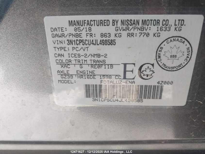 2018 Nissan Kicks S/Sr/Sv VIN: 3N1CP5CU4JL498585 Lot: 12471627