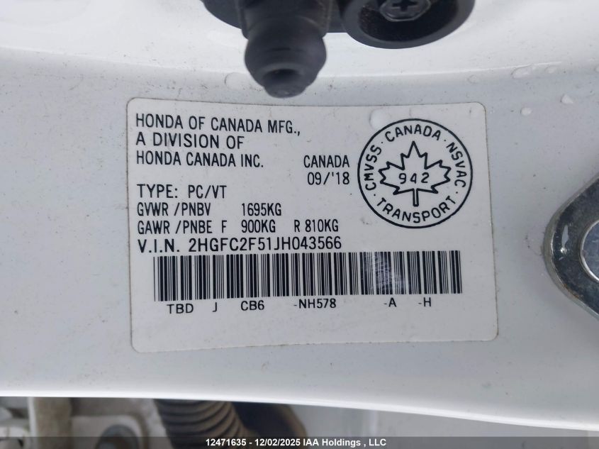 2018 Honda Civic Lx VIN: 2HGFC2F51JH043566 Lot: 12471635