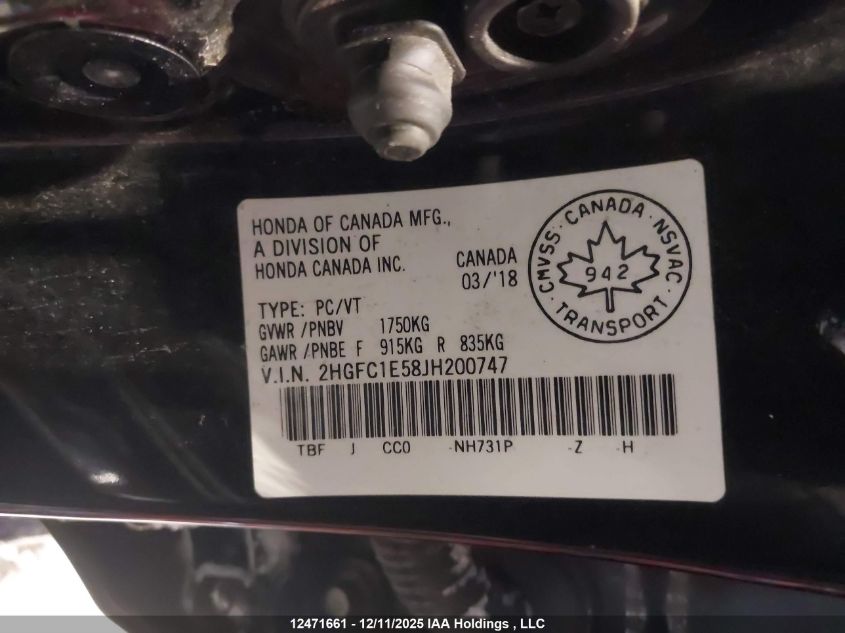 2018 Honda Civic Si Si VIN: 2HGFC1E58JH200747 Lot: 12471661