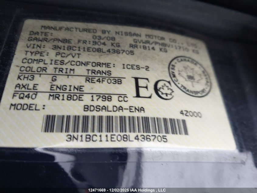 2008 Nissan Versa 1.8S VIN: 3N1BC11E08L436705 Lot: 12471669