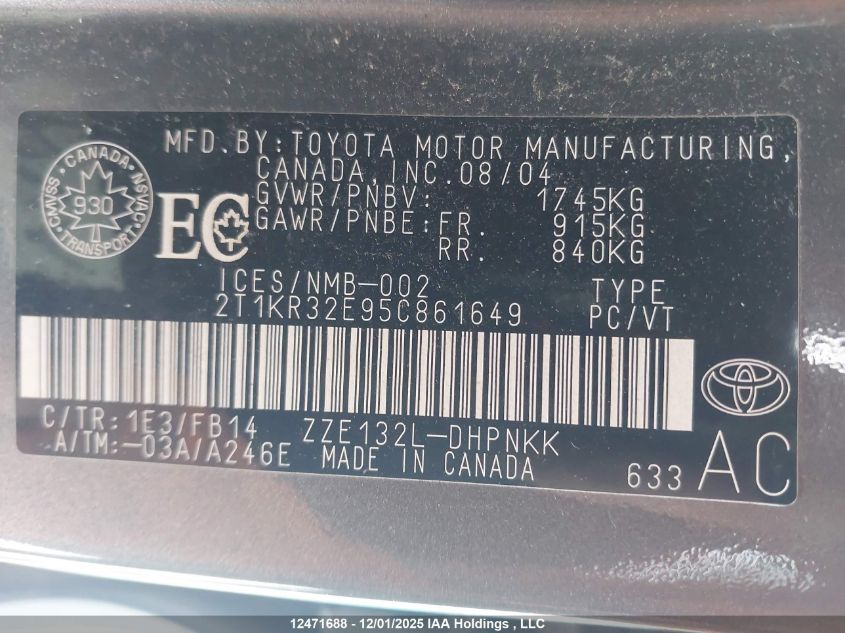 2005 Toyota Corolla Matrix Xr VIN: 2T1KR32E95C861649 Lot: 12471688