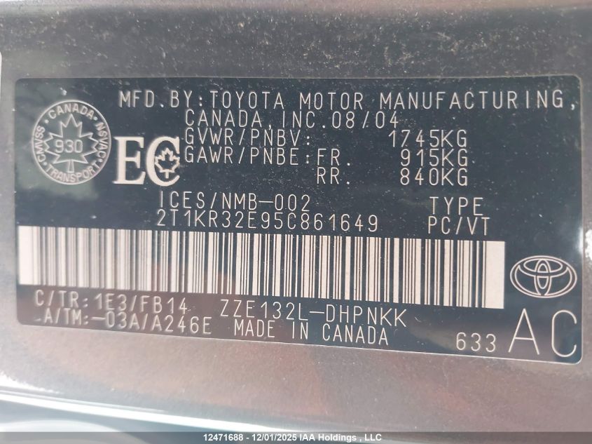 2005 Toyota Corolla Matrix Xr VIN: 2T1KR32E95C861649 Lot: 12471688