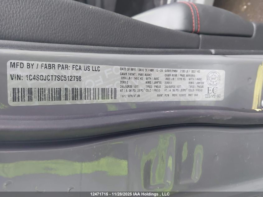 2025 Dodge Durango R/T VIN: 1C4SDJCT7SC512798 Lot: 12471715