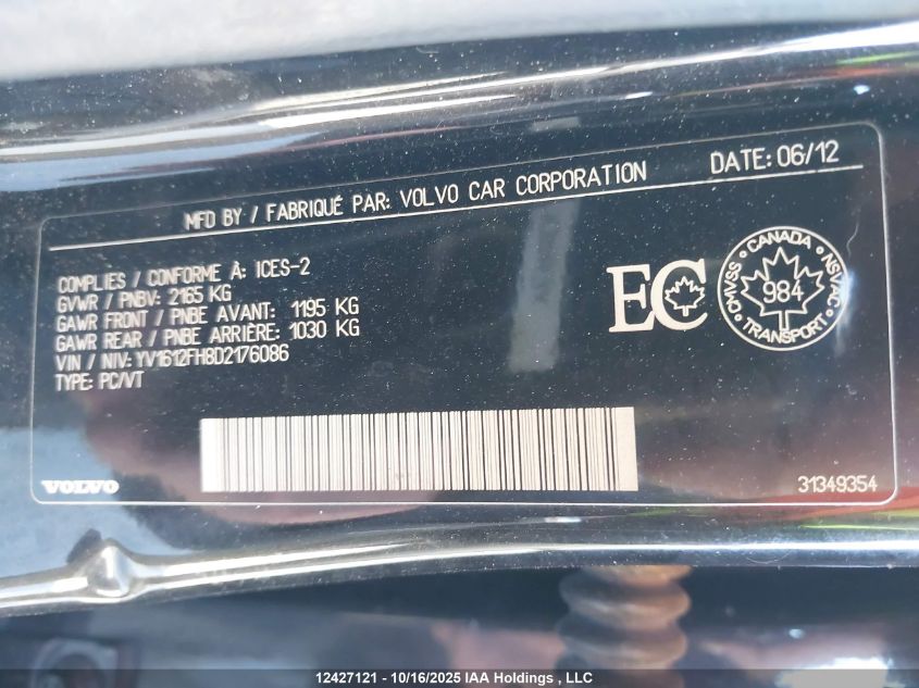 2013 Volvo S60 T5/T5 Platinum/T5 Premier/T5 Premier Plus VIN: YV1612FH8D2176086 Lot: 12427121X