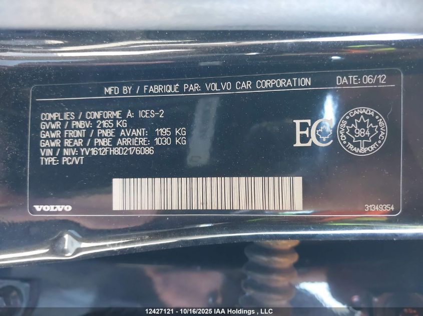 2013 Volvo S60 T5/T5 Platinum/T5 Premier/T5 Premier Plus VIN: YV1612FH8D2176086 Lot: 12427121X
