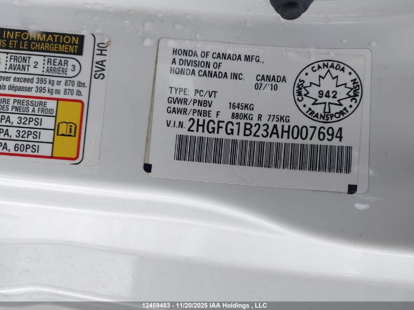 2010 Honda Civic Dx/Dx-A VIN: 2HGFG1B23AH007694 Lot: 12459483X