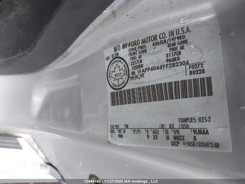 2000 Ford Mustang VIN: 1FAFP4044YF282304 Lot: 12464162X