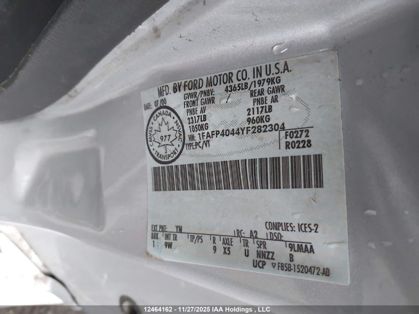 2000 Ford Mustang VIN: 1FAFP4044YF282304 Lot: 12464162X